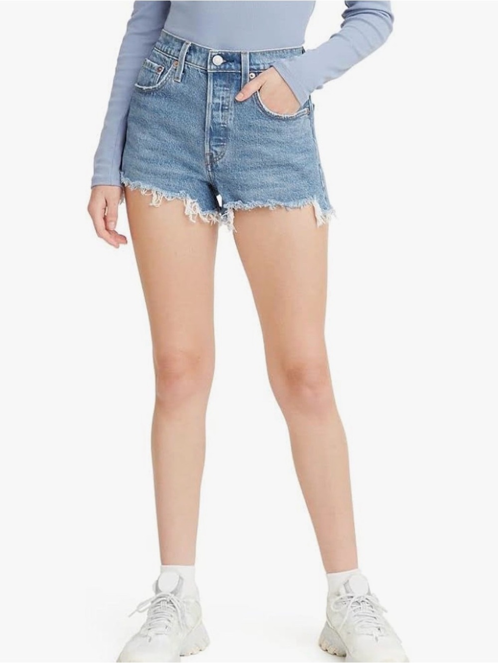 Levi's Light Blue High-Rise Frayed Hem Jean Shorts